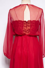 MISS ELLIETTE 1970S VINTAGE CRANBERRY CHIFFON EMBROIDERED GOWN