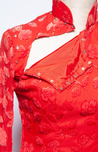 VINTAGE 1960S RED SILK LONGSLEEVE CHEONGSAM STYLE DRESS