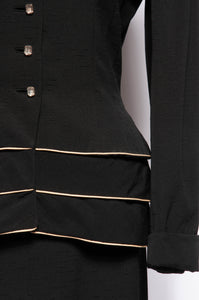 LILLI ANN DOCUMENTED 1953 BLACK RIPPLE WOOL "NEW LOOK" SKIRT SUIT