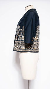 BYBLOS VINTAGE NAVY COTTON CROPPED JACKET WITH GOLD AND SILVER EMBROIDERY
