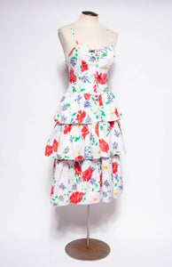 VINTAGE 1990S WHITE COTTON AND FLORAL PRINTED CORSET DRESS