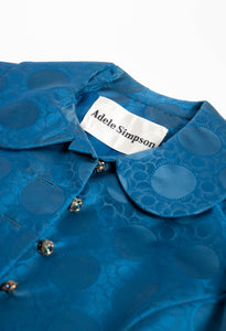 ADELE SIMPSON VINTAGE 1960S BLUE SILK JACQUARD POLKA DOT CROPPED JACKET
